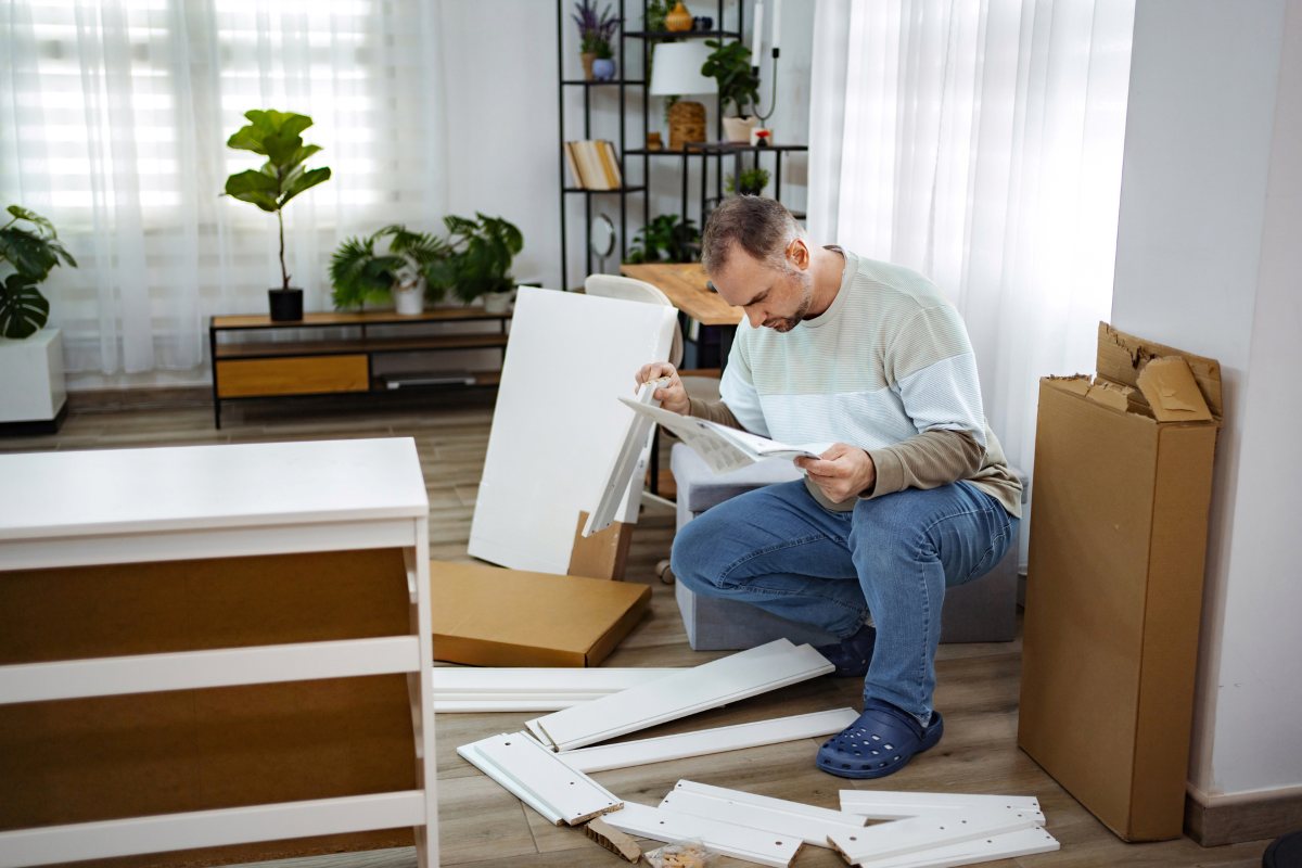 Man assembling furniture in a bright living room during the day
